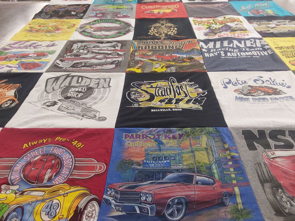 T-shirt quilt with car racing, automotive themes by Lucas from IL