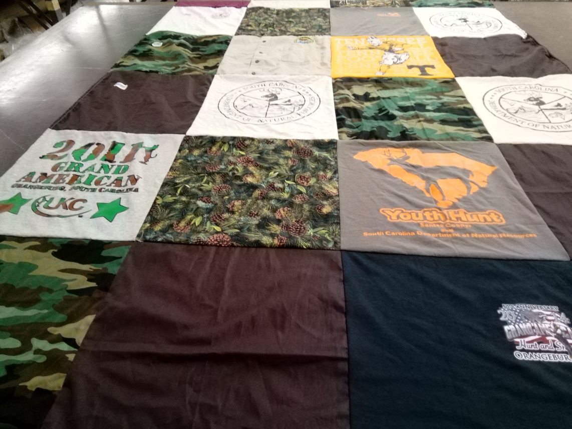T-shirt quilt with hunting, outdoors themes by Sarah from SC