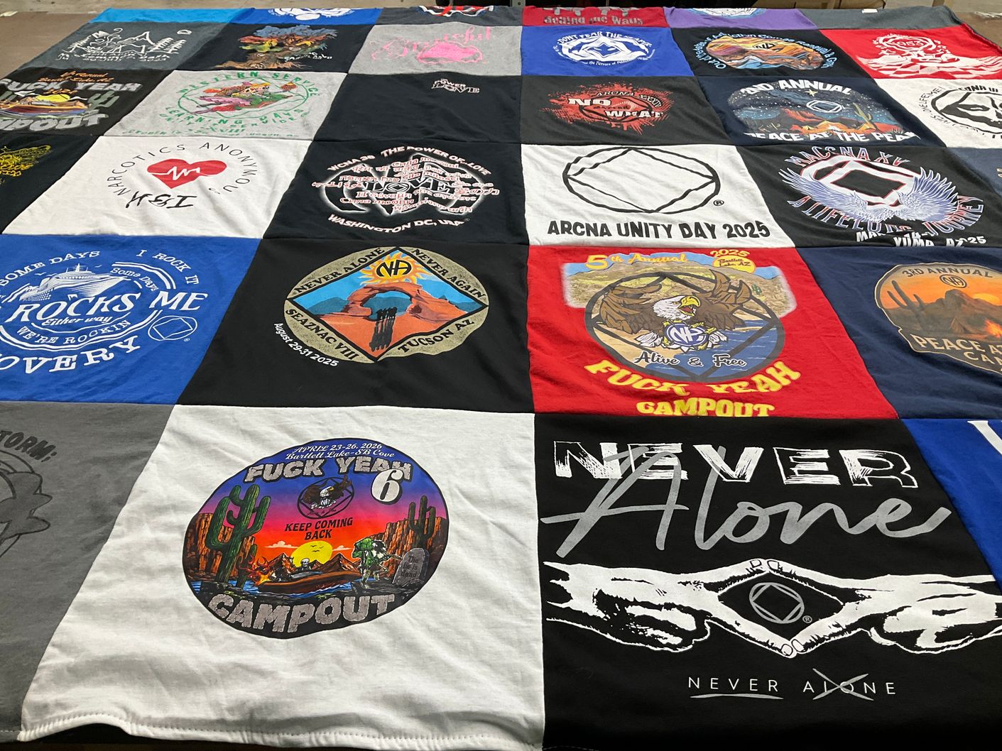 T-shirt quilt with recovery, camping themes by Rebecca from AZ