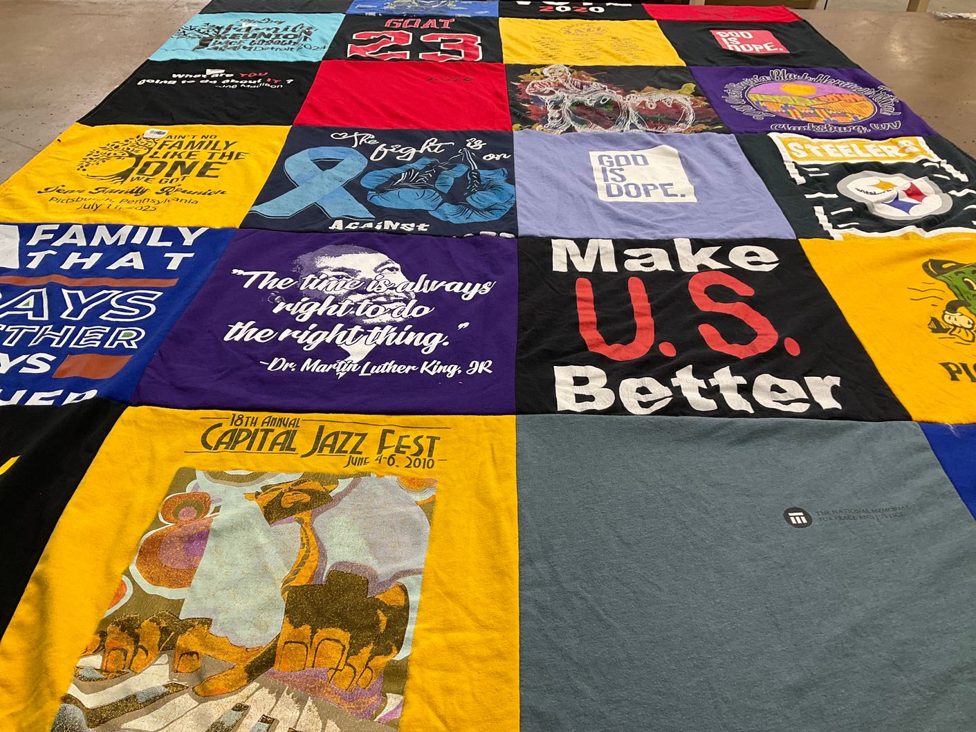 T-shirt quilt with music, community themes by Donna from TN