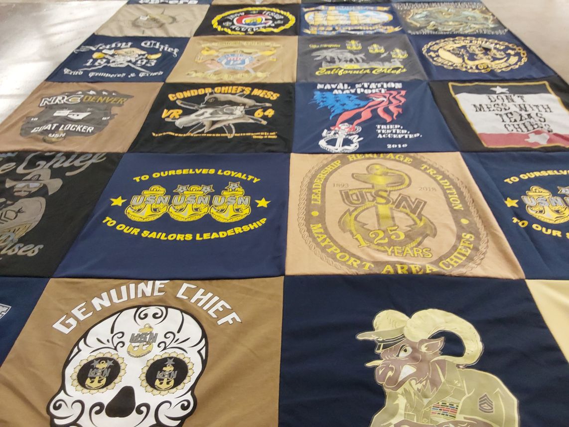 T-shirt quilt with navy, military themes by Roy from TX