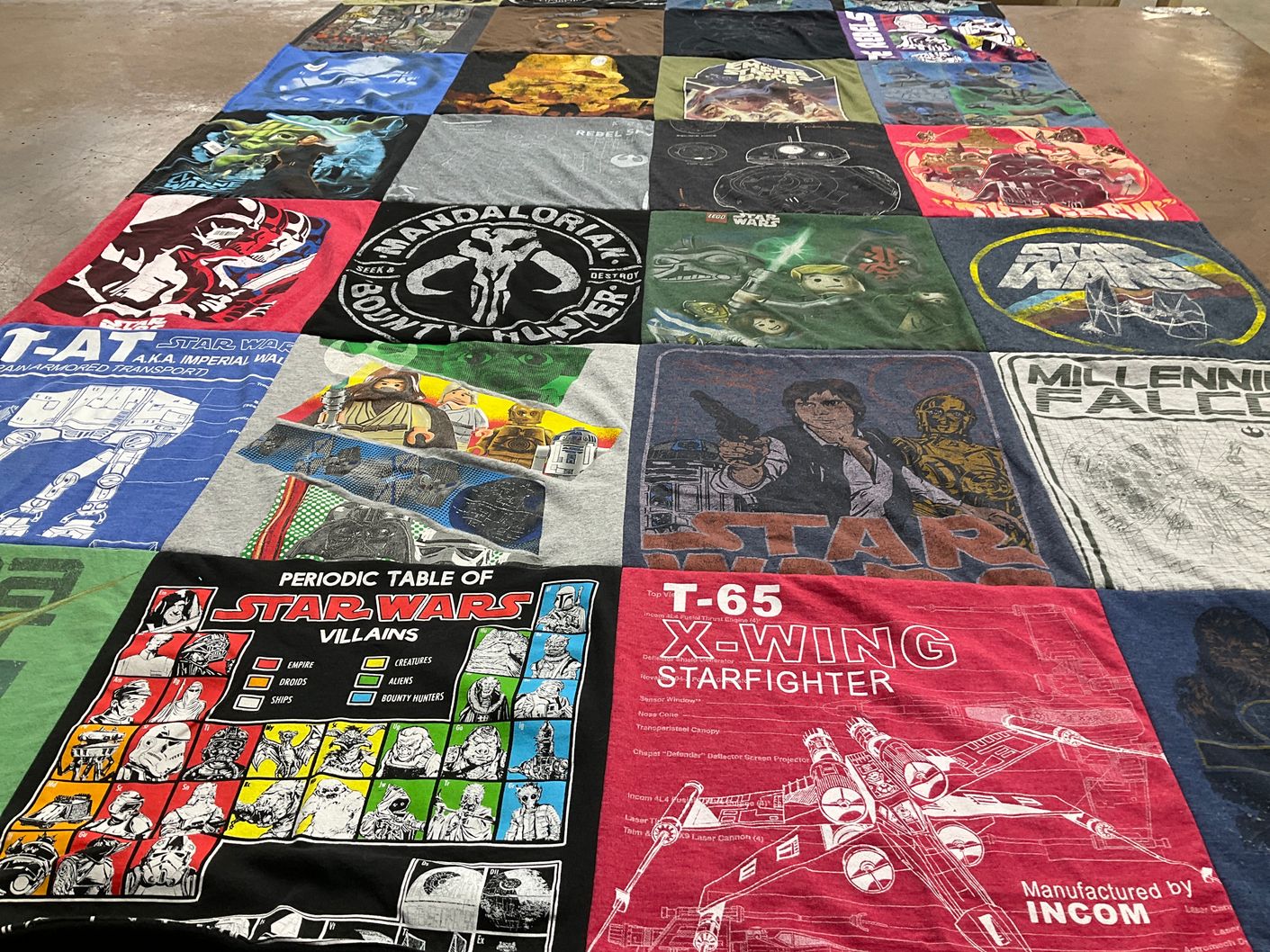 T-shirt quilt with star wars, science fiction themes by Heather from WI
