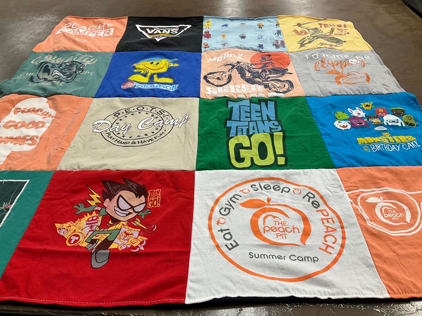 T-shirt quilt with summer camp, animation themes by Christine from GA