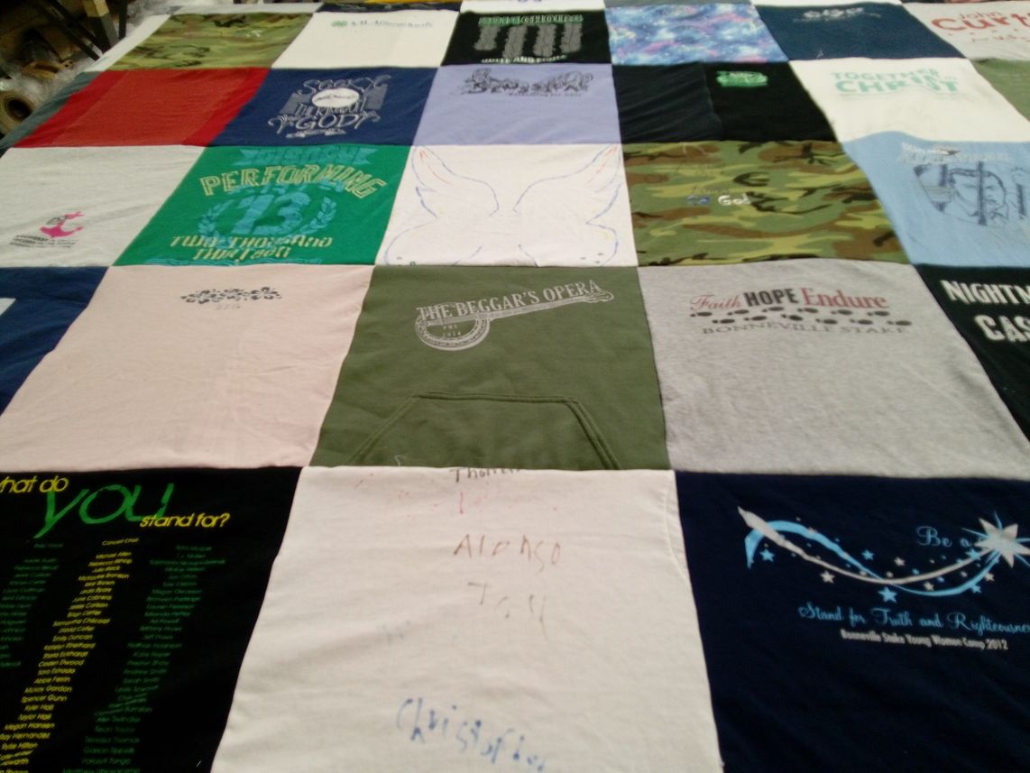 T-shirt quilt with theater, faith themes by Starla from UT