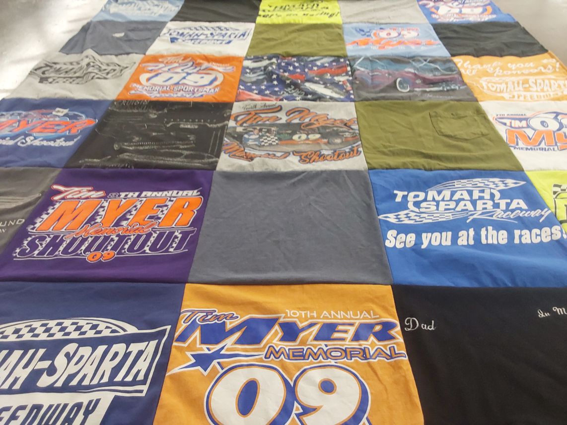 T-shirt quilt with racing, motorsports themes by Cora from WI