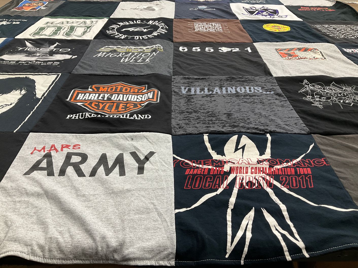 T-shirt quilt with motorcycles, music themes by DW from CA