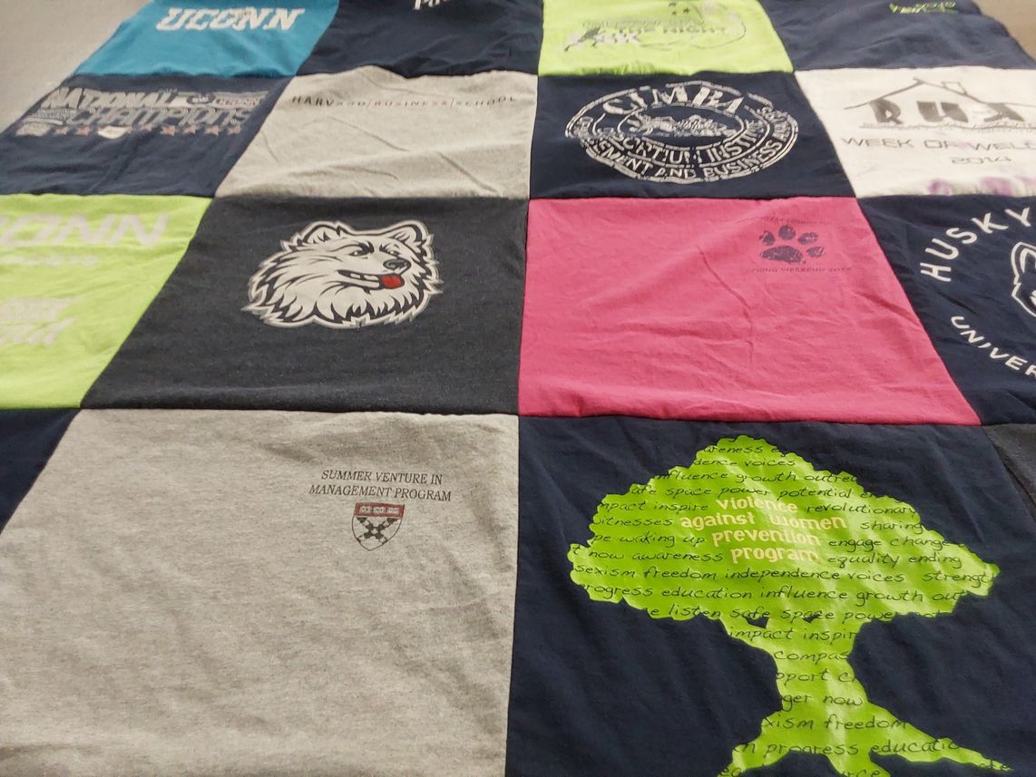 T-shirt quilt from university of connecticut, harvard university by Tal from PA