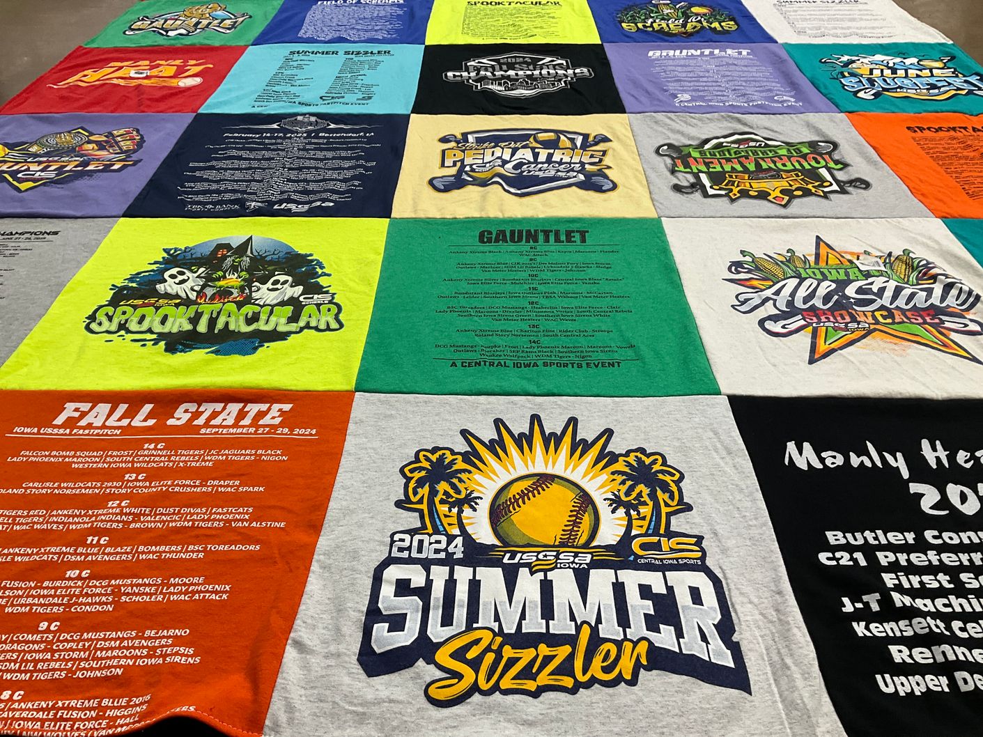T-shirt quilt with softball, sports events themes by Tracy from IA