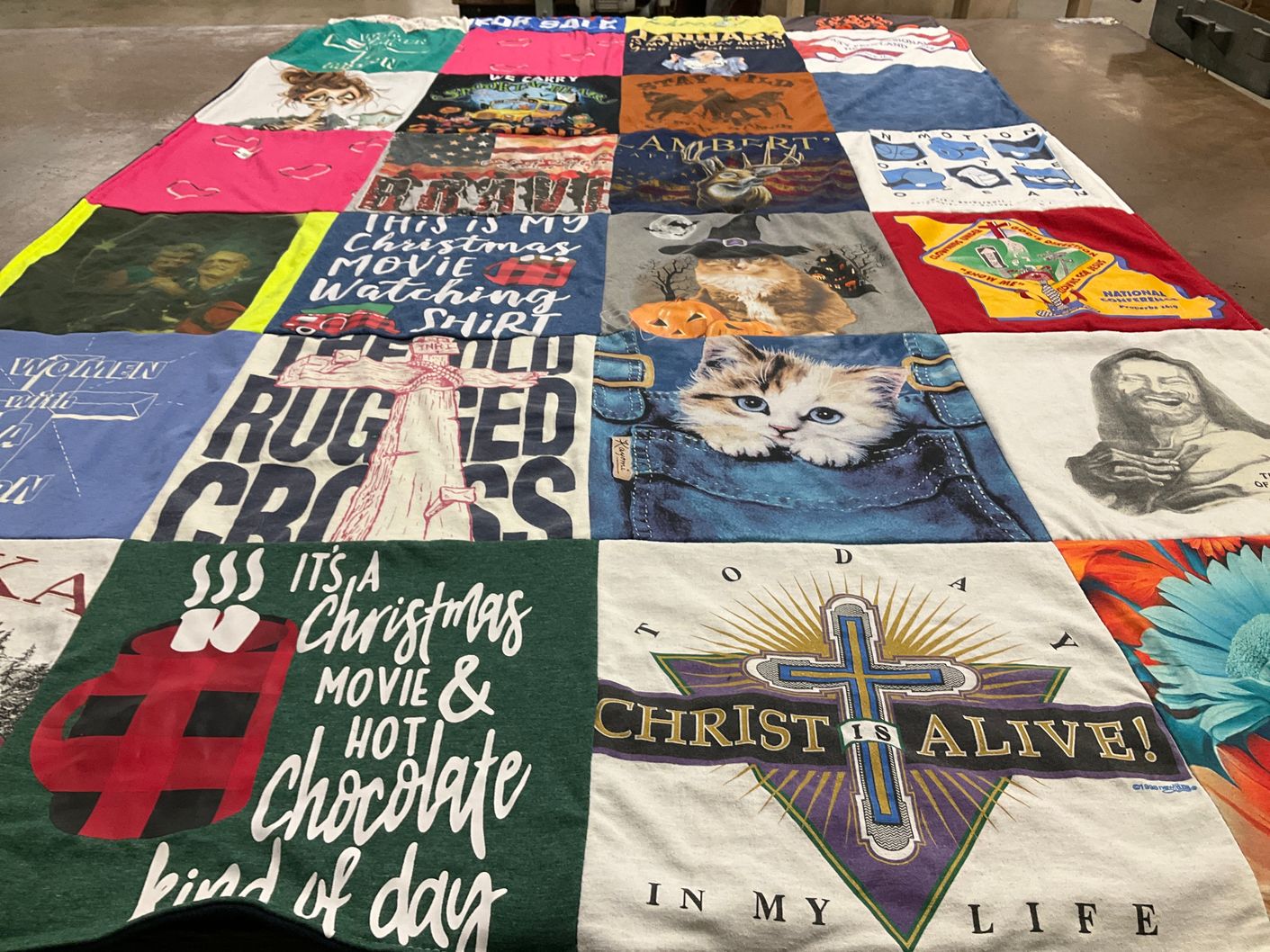 T-shirt quilt with christmas movies, cats themes by Tammy from MO