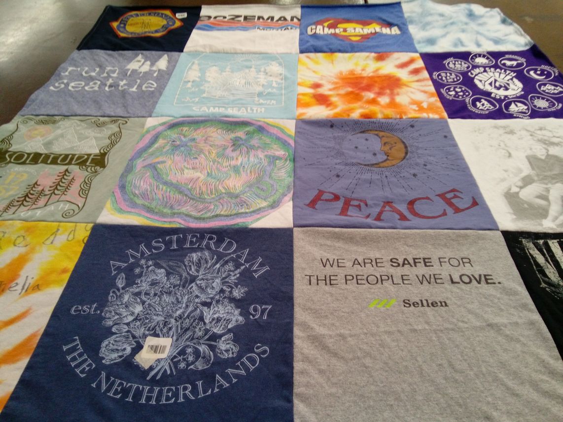 T-shirt quilt with travel, camping themes by Kate from WA