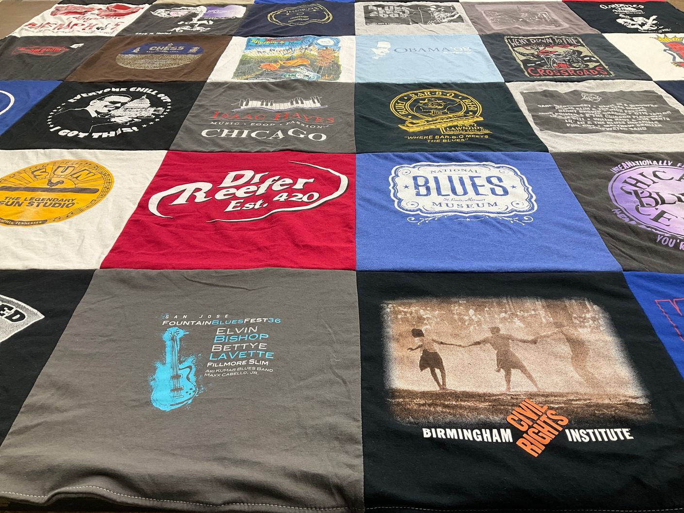 T-shirt quilt with music, blues themes by Daniel from NV