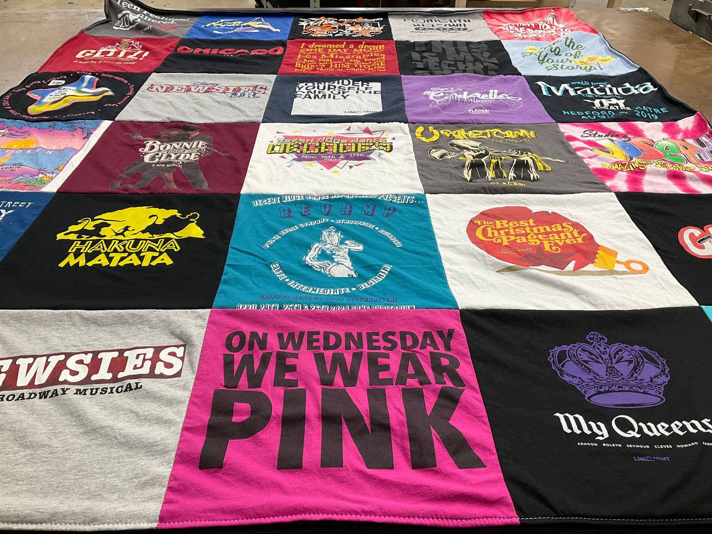 T-shirt quilt with theater, musicals themes by Samantha from AZ