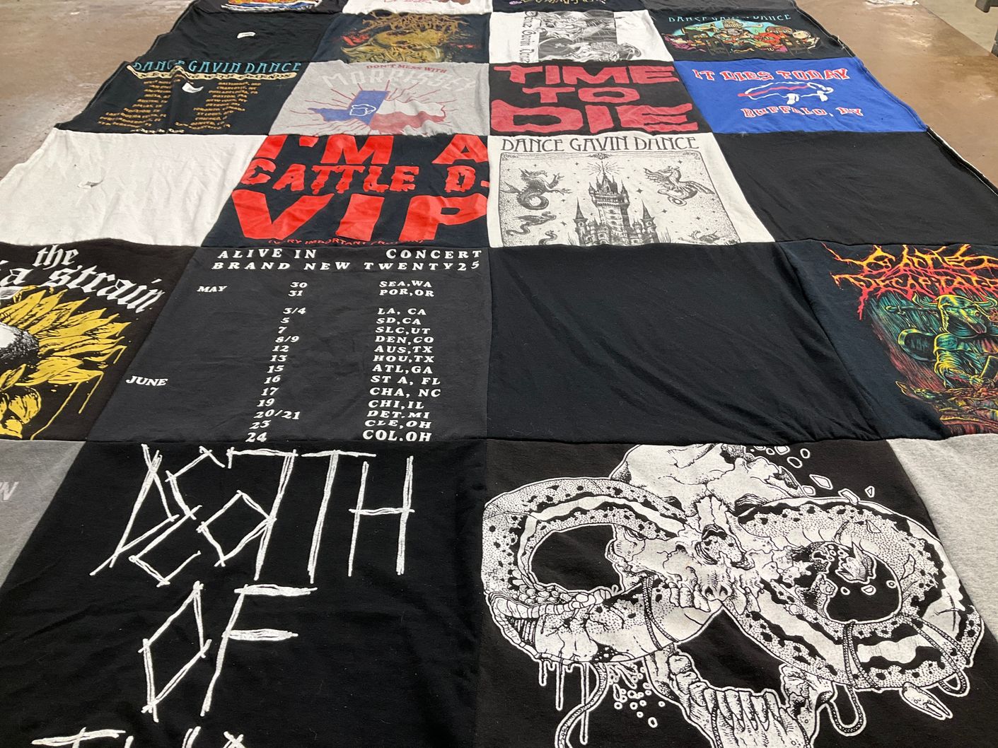 T-shirt quilt with music, concerts themes by Victoria from CO