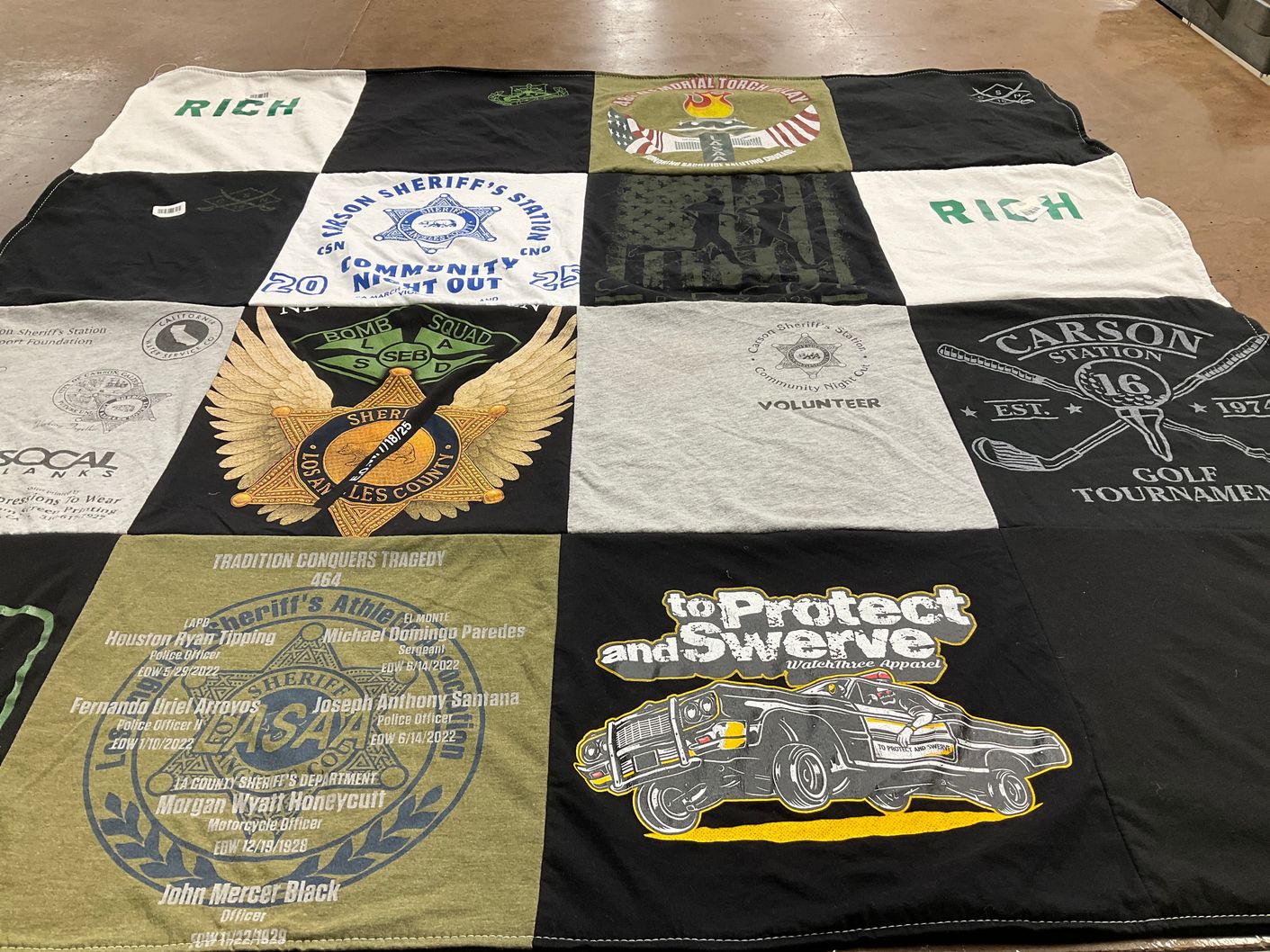 T-shirt quilt with law enforcement, community service themes by Belinda from CA