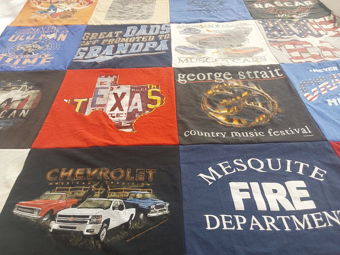 T-shirt quilt with country music, cars themes by Virginia from TX