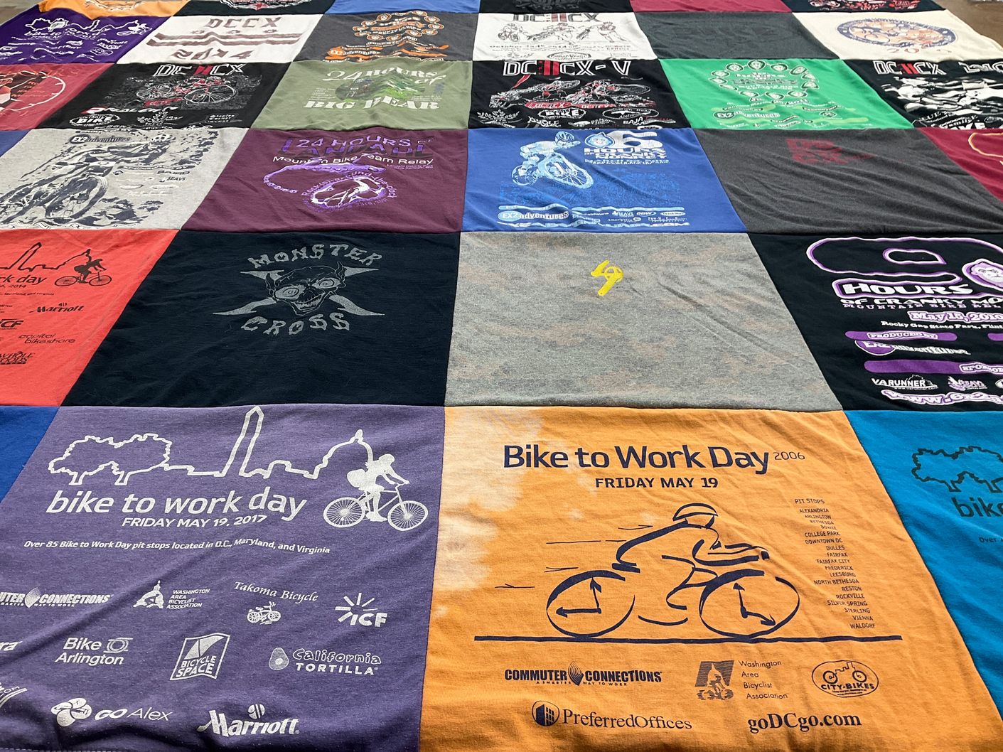 T-shirt quilt with biking, cycling themes by Sara from VA