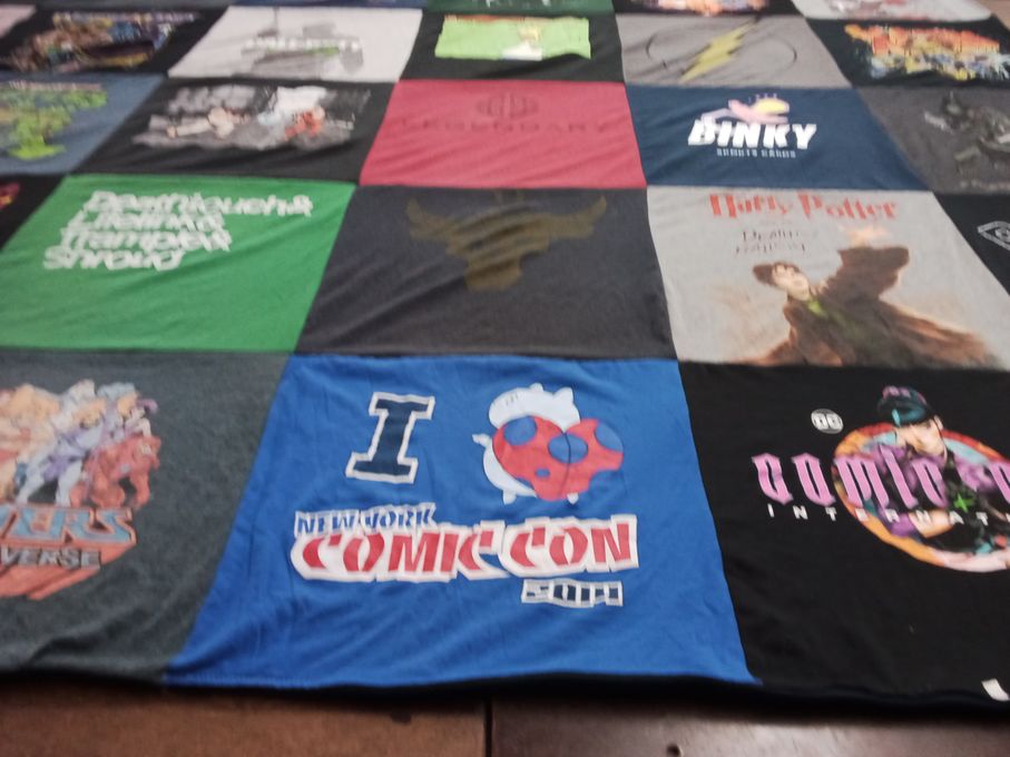 T-shirt quilt with comics, anime themes by Angela from NY