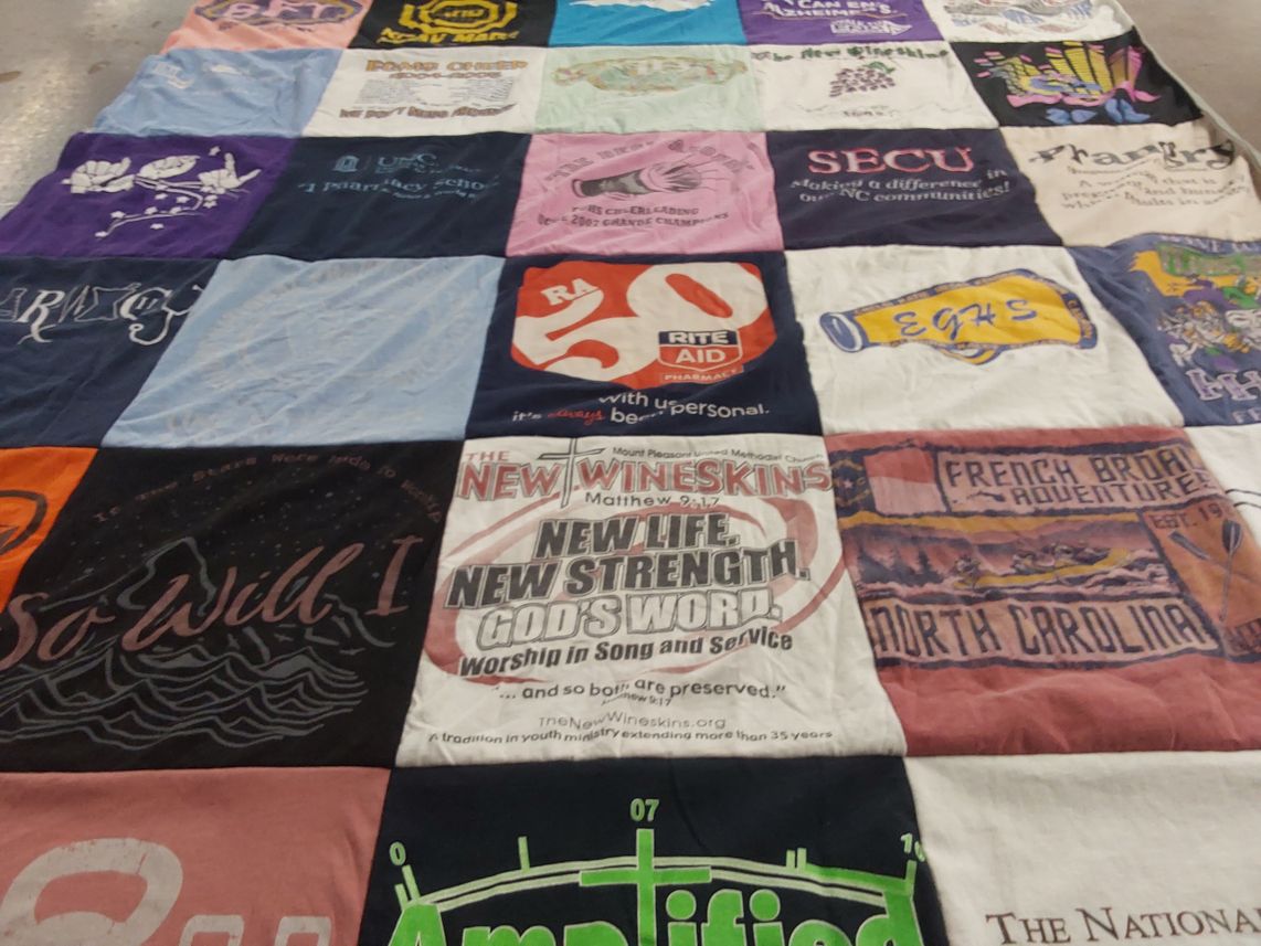 T-shirt quilt with outdoor activities, youth ministry themes by Kaley from NC