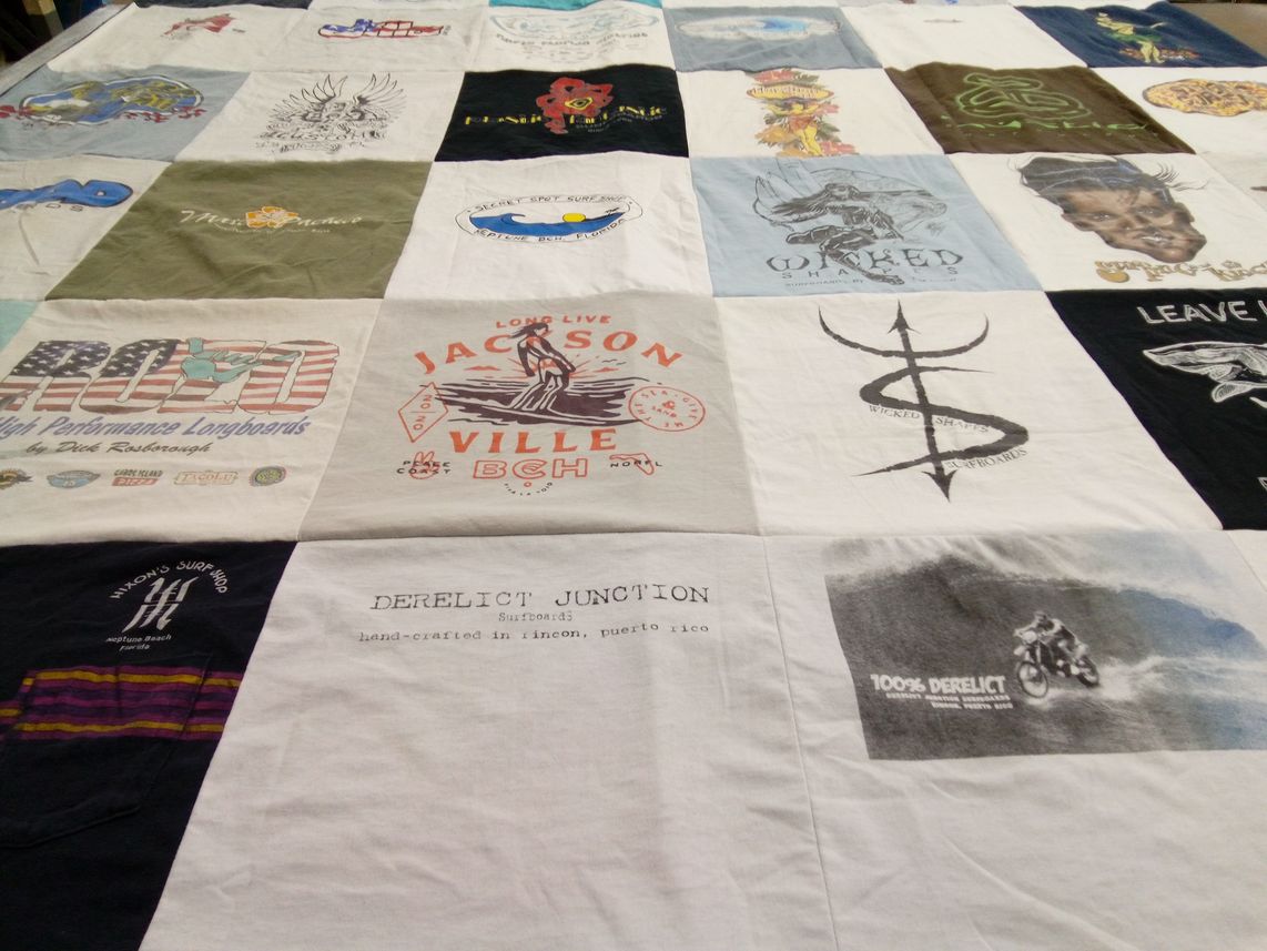 T-shirt quilt with surfing, longboarding themes by Mitch from FL