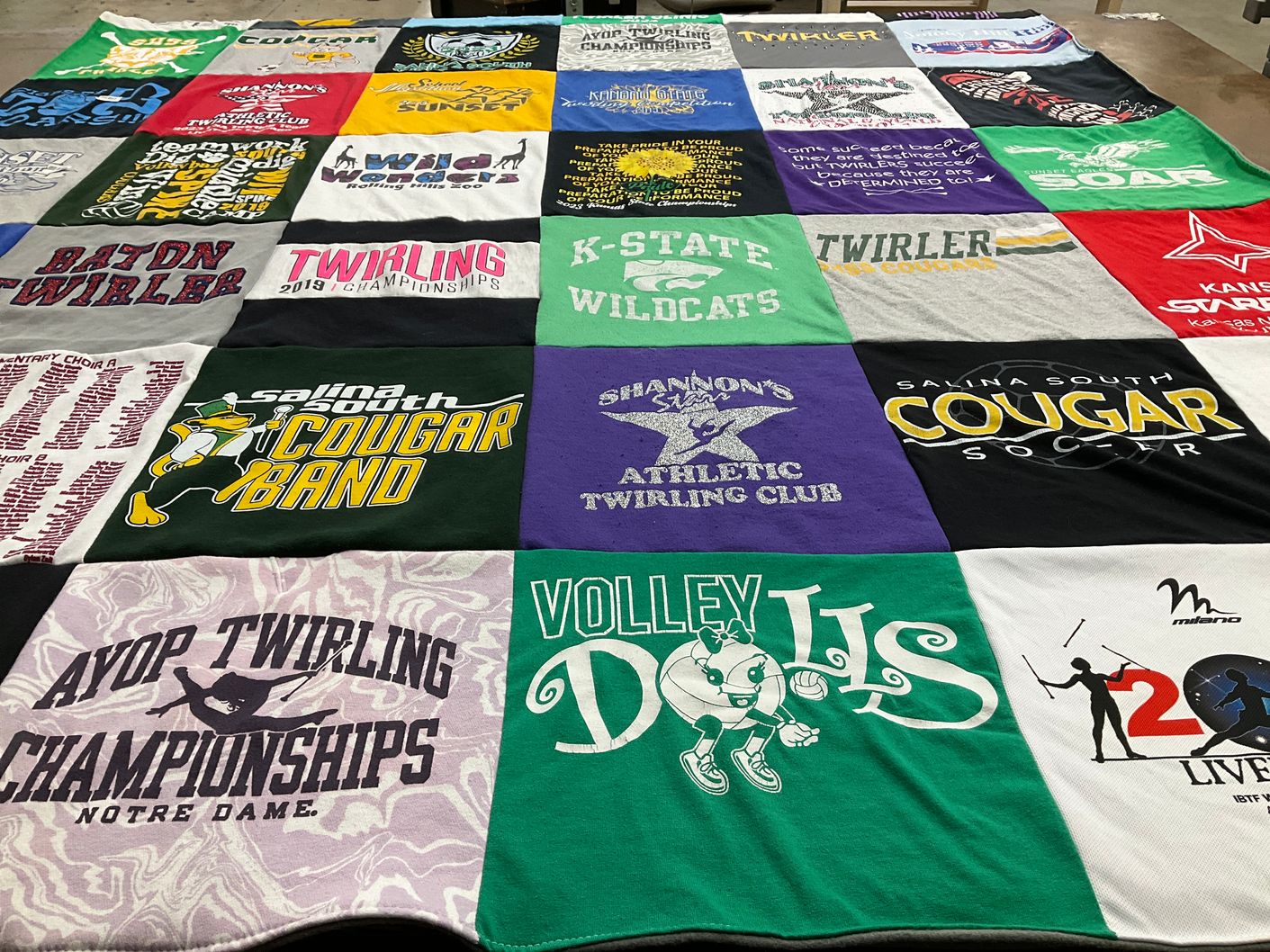 T-shirt quilt featuring kansas state university wildcats, salina south high school soccer team by Tara from KS