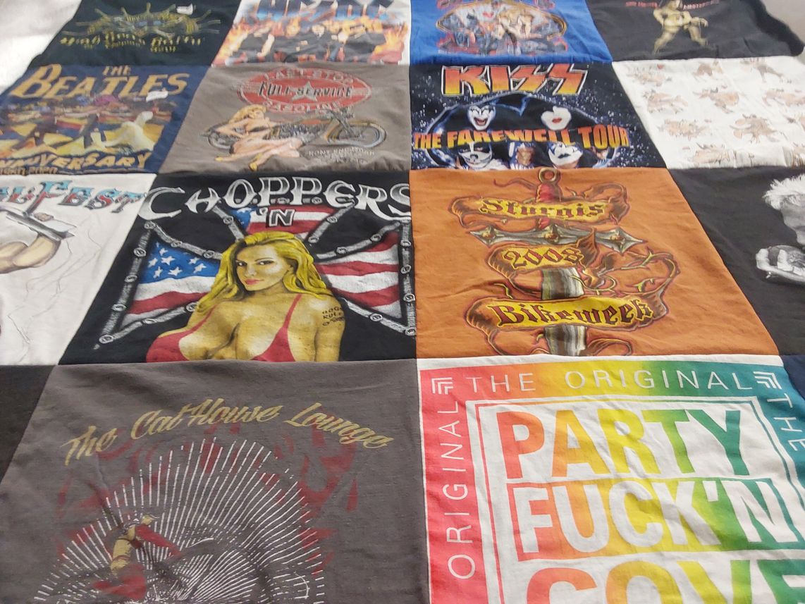T-shirt quilt with music, motorcycling themes by Kim from MO