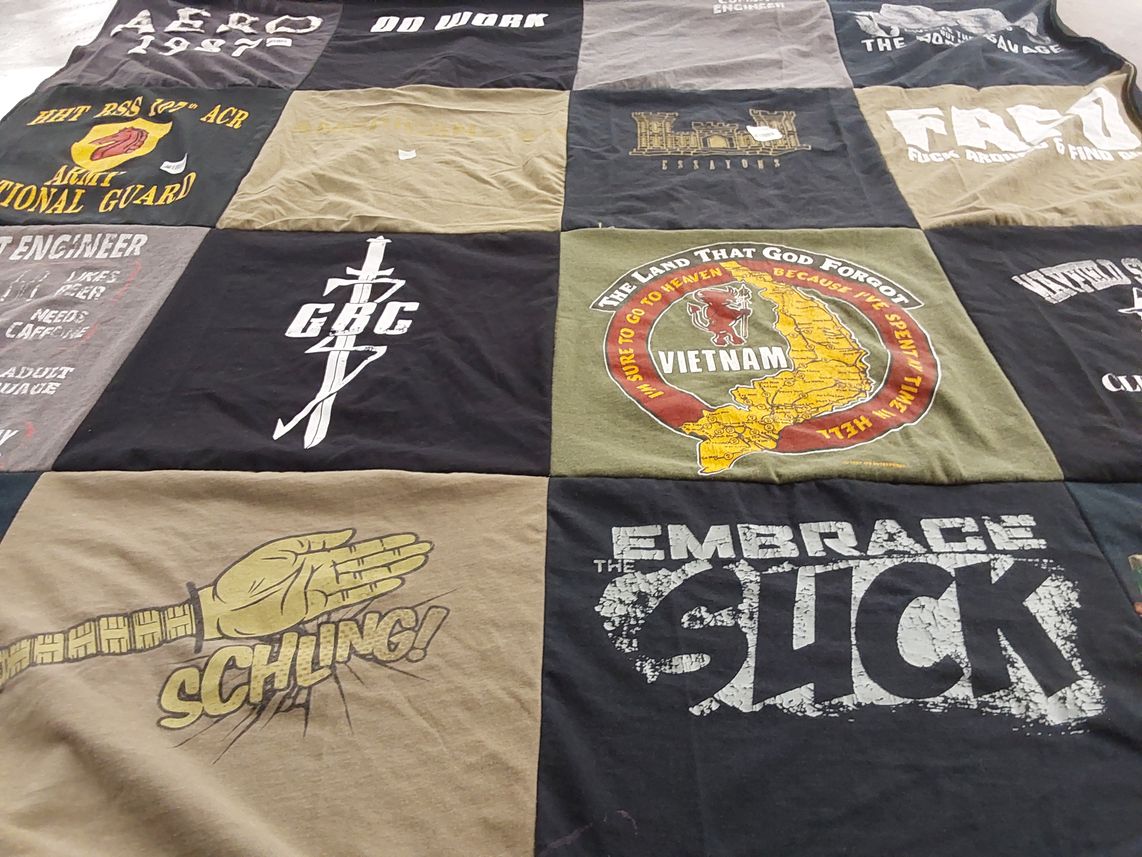 T-shirt quilt with military, engineering themes by Dawn from OH