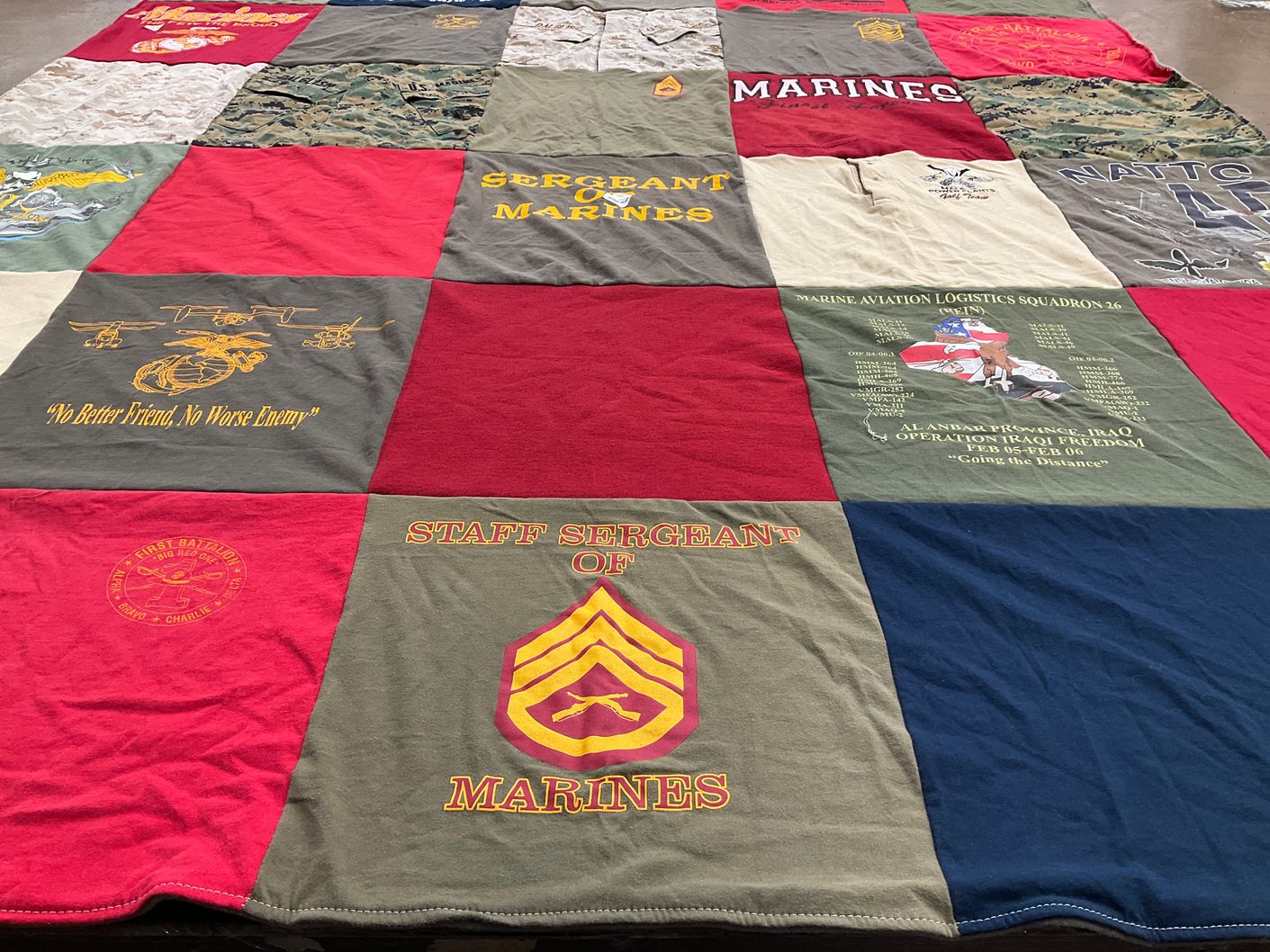 T-shirt quilt with military, veterans themes by Jeanne from TX