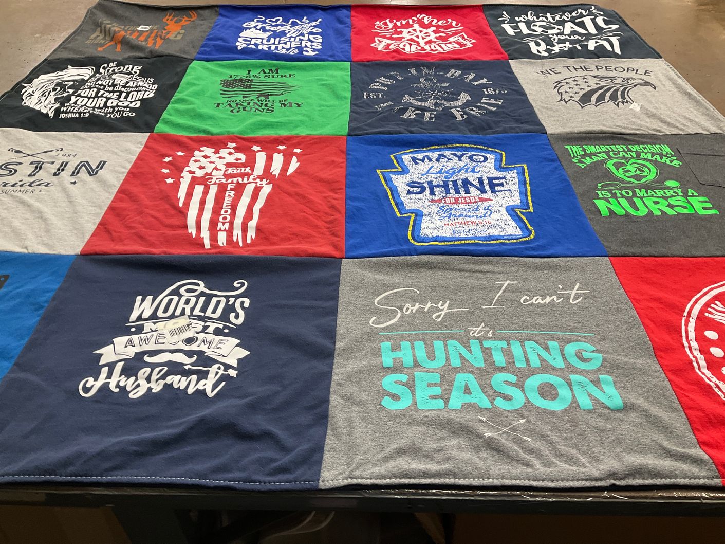 T-shirt quilt with hunting, freedom themes by VICKI from OH