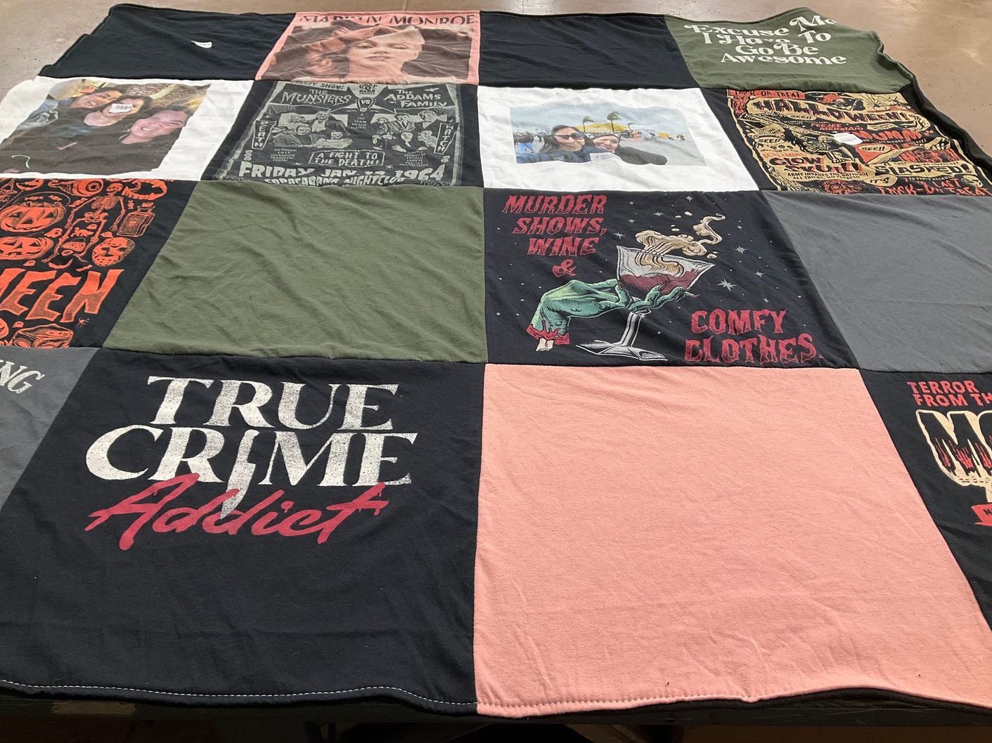 T-shirt quilt with true crime, horror movies themes by Sonia from CA