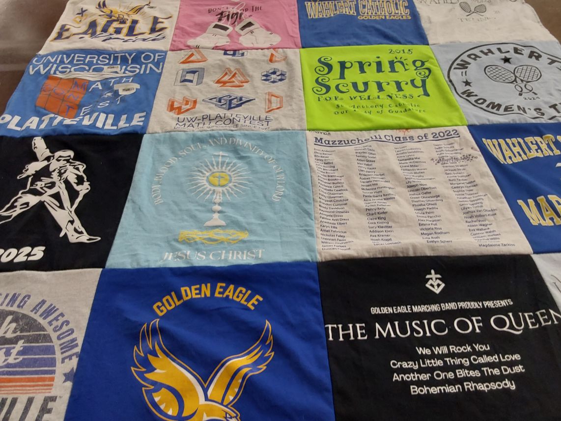 T-shirt quilt featuring golden eagles by Maria from IA