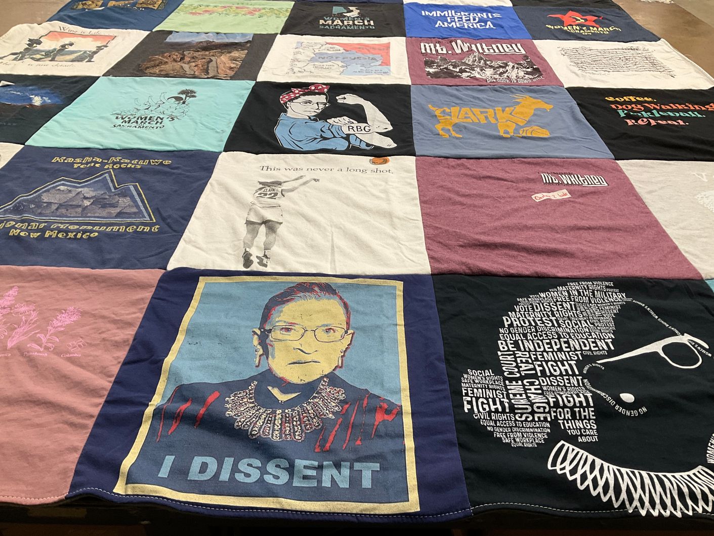 T-shirt quilt with feminism, social justice themes by Jamie from CA