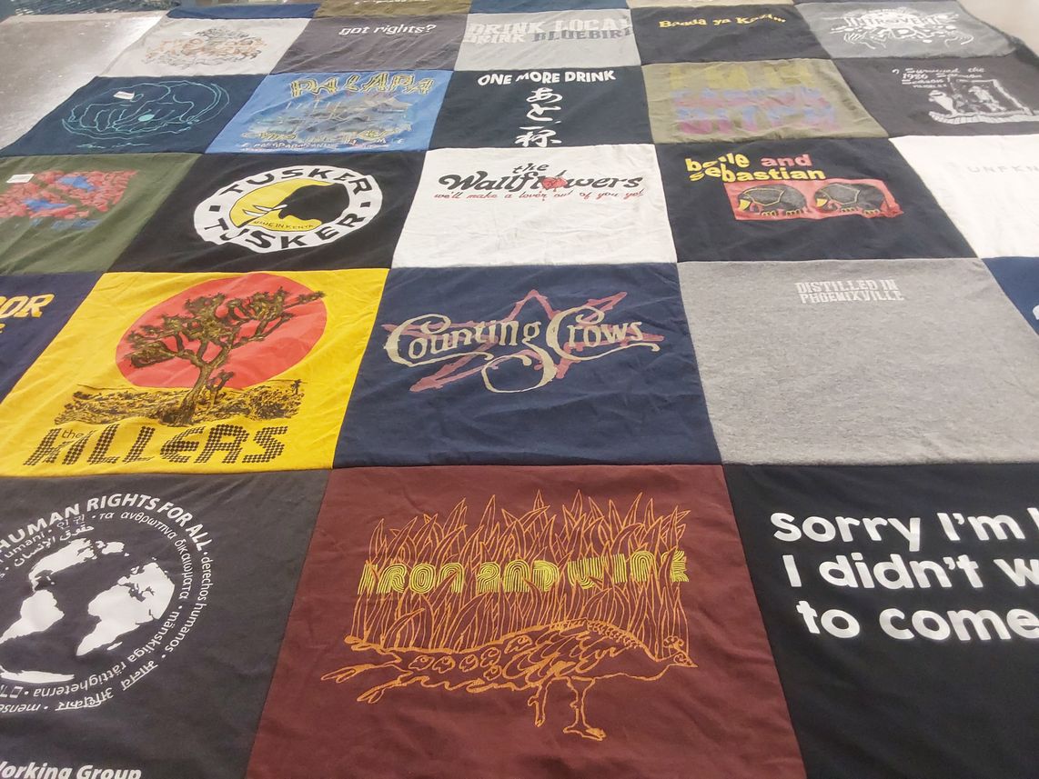 T-shirt quilt with music, human rights themes by Elizabeth from PA