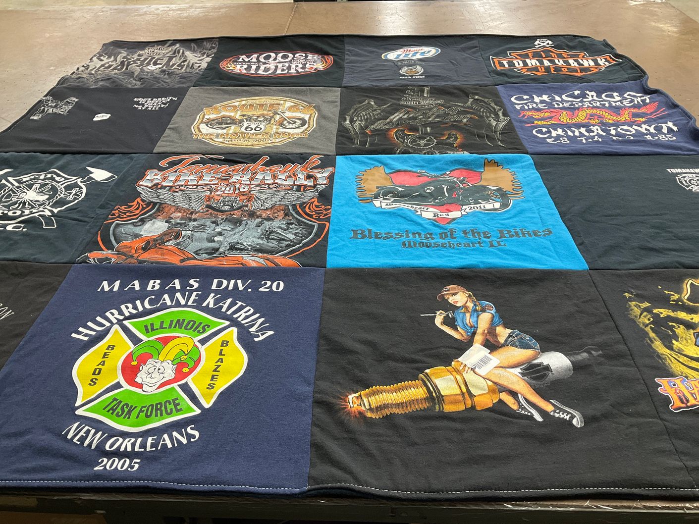 T-shirt quilt with motorcycles, firefighting themes by Eric from MI