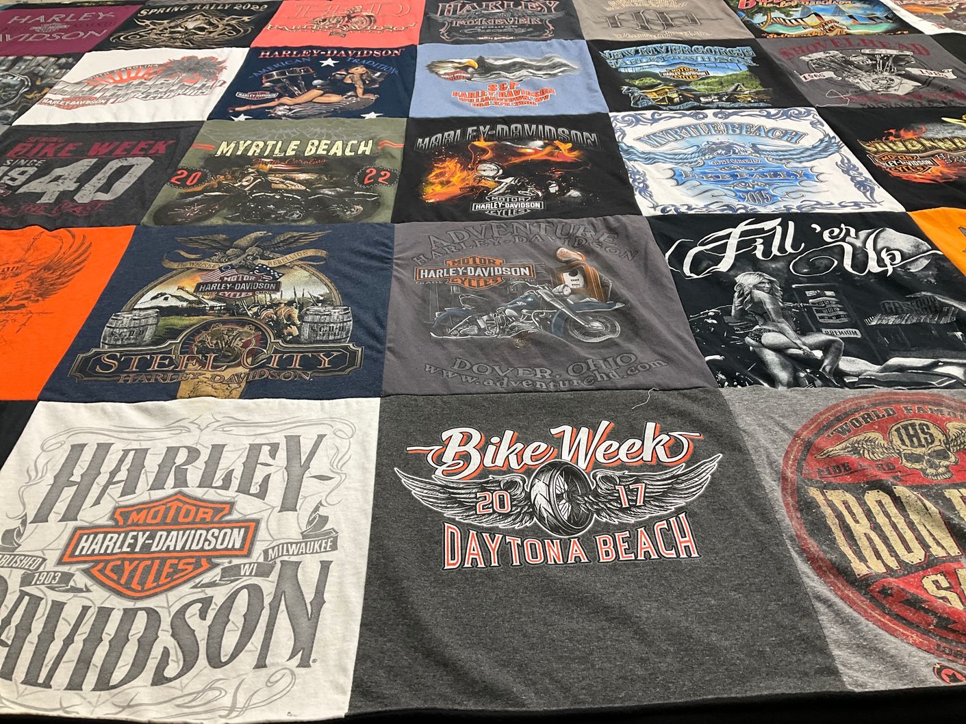T-shirt quilt with motorcycles, biking themes by Tim from WV