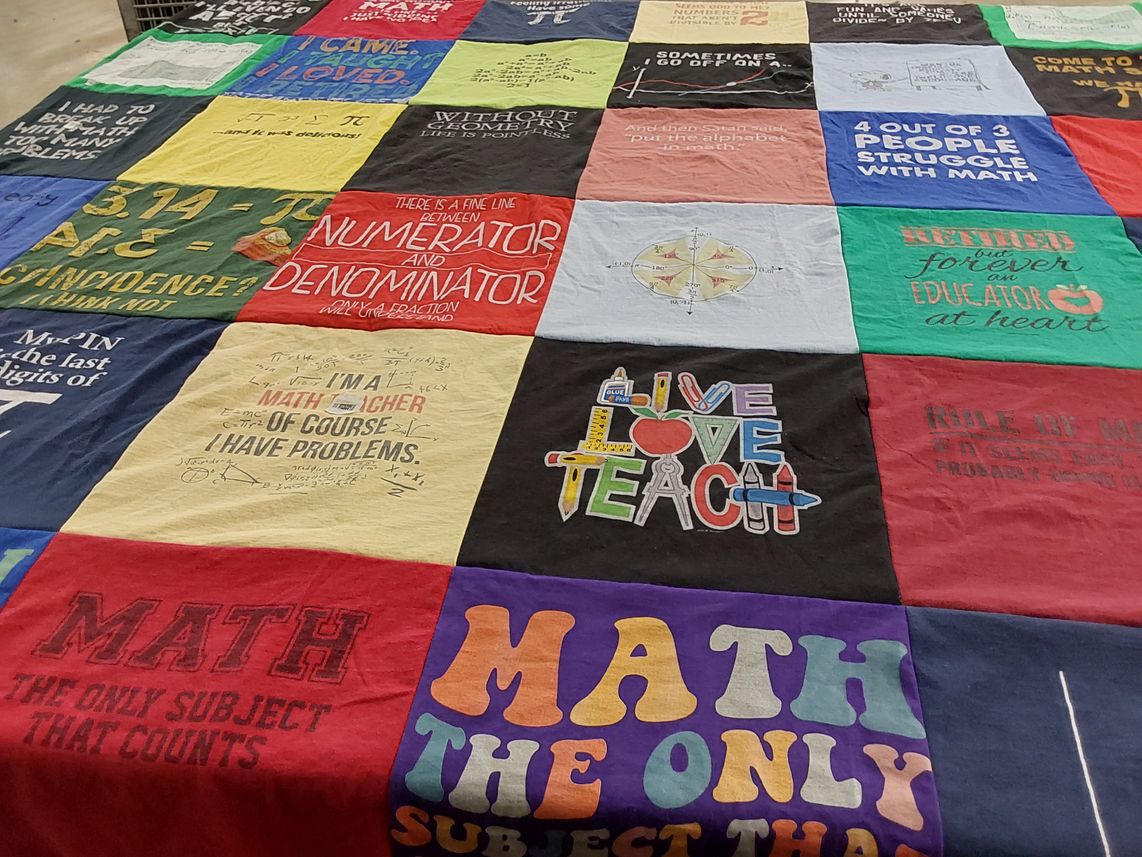 T-shirt quilt with education, teaching themes by Gayle from CO