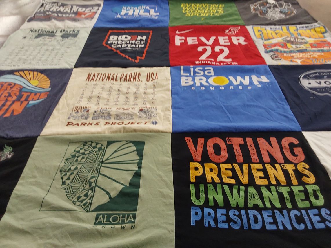 T-shirt quilt with politics, environment themes by Tracy from ND