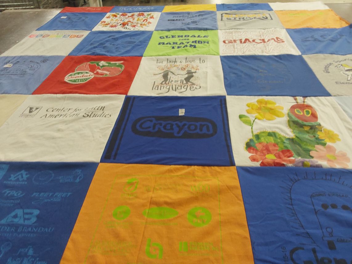 T-shirt quilt with languages, education themes by Andrea from TN