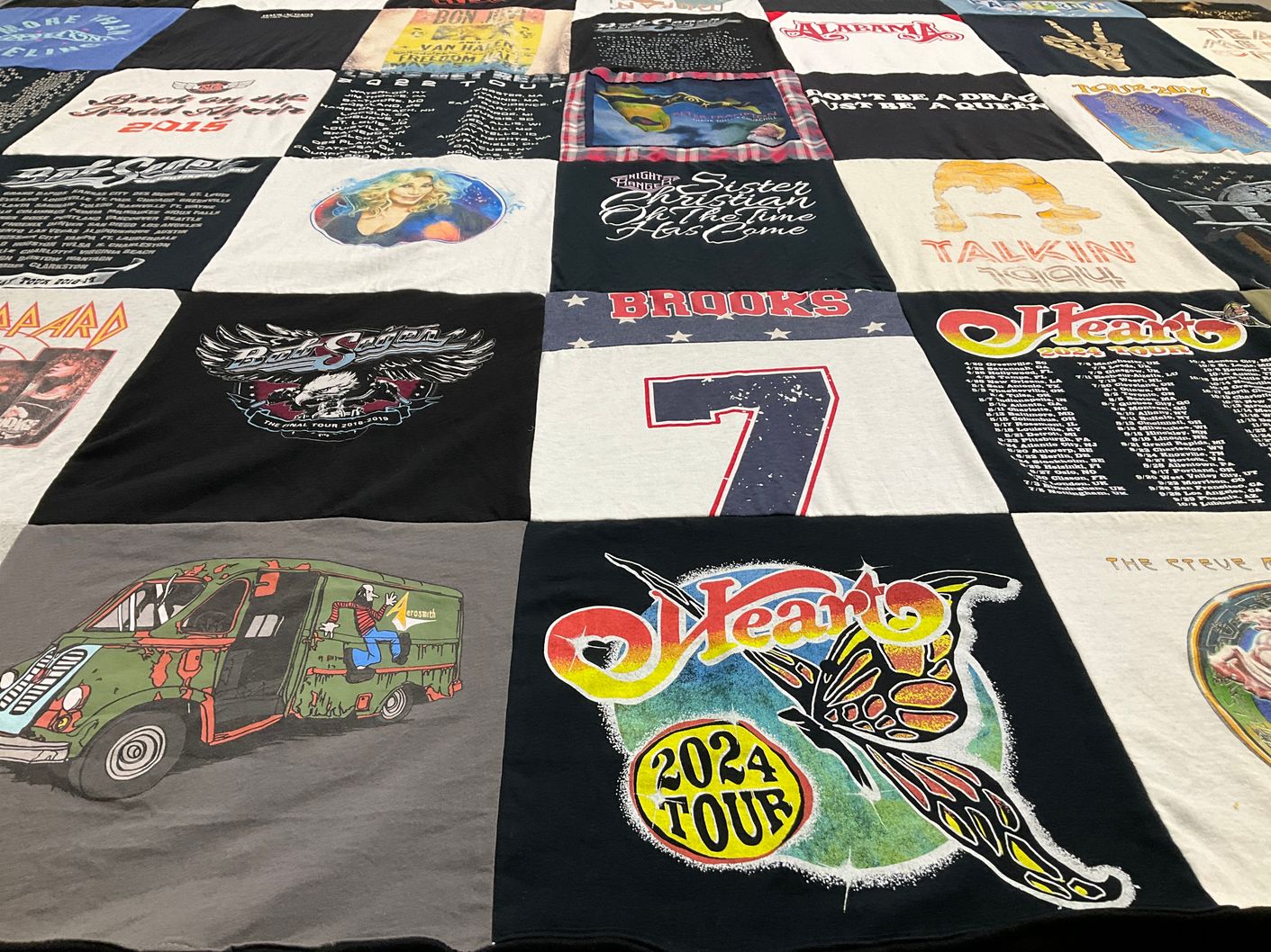 T-shirt quilt with music, concerts themes by Dee from OK