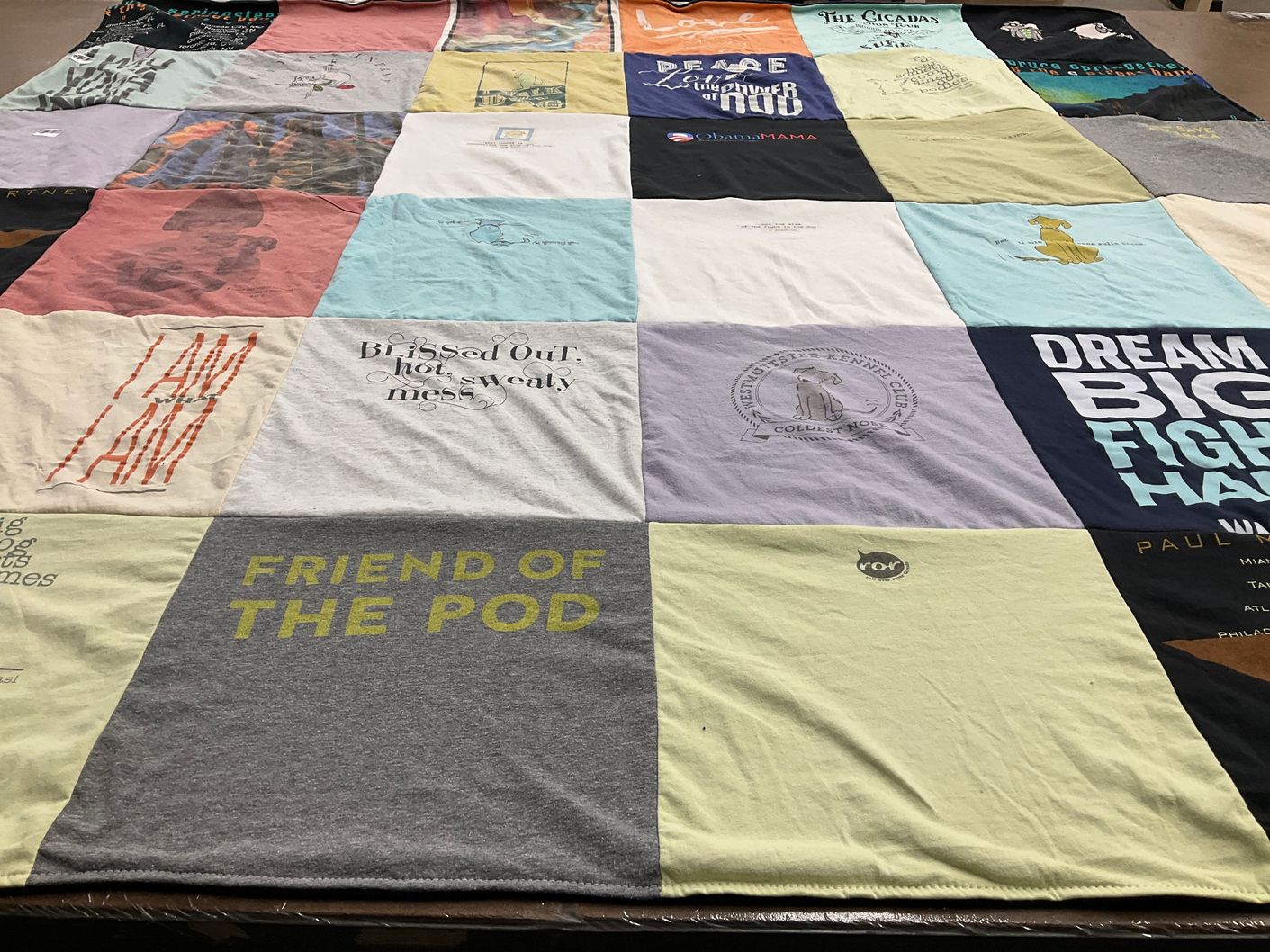 T-shirt quilt with podcasting themes by Lisa from WA
