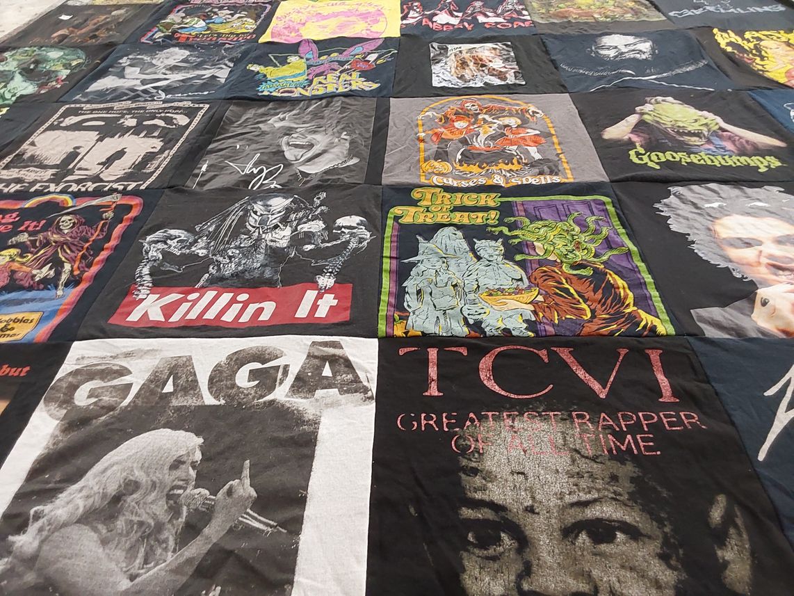 T-shirt quilt with music, horror themes by Meg from NM
