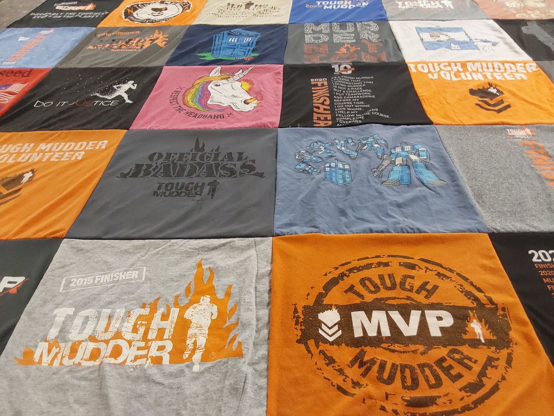 T-shirt quilt with obstacle course racing, fitness themes by Michelle from WI