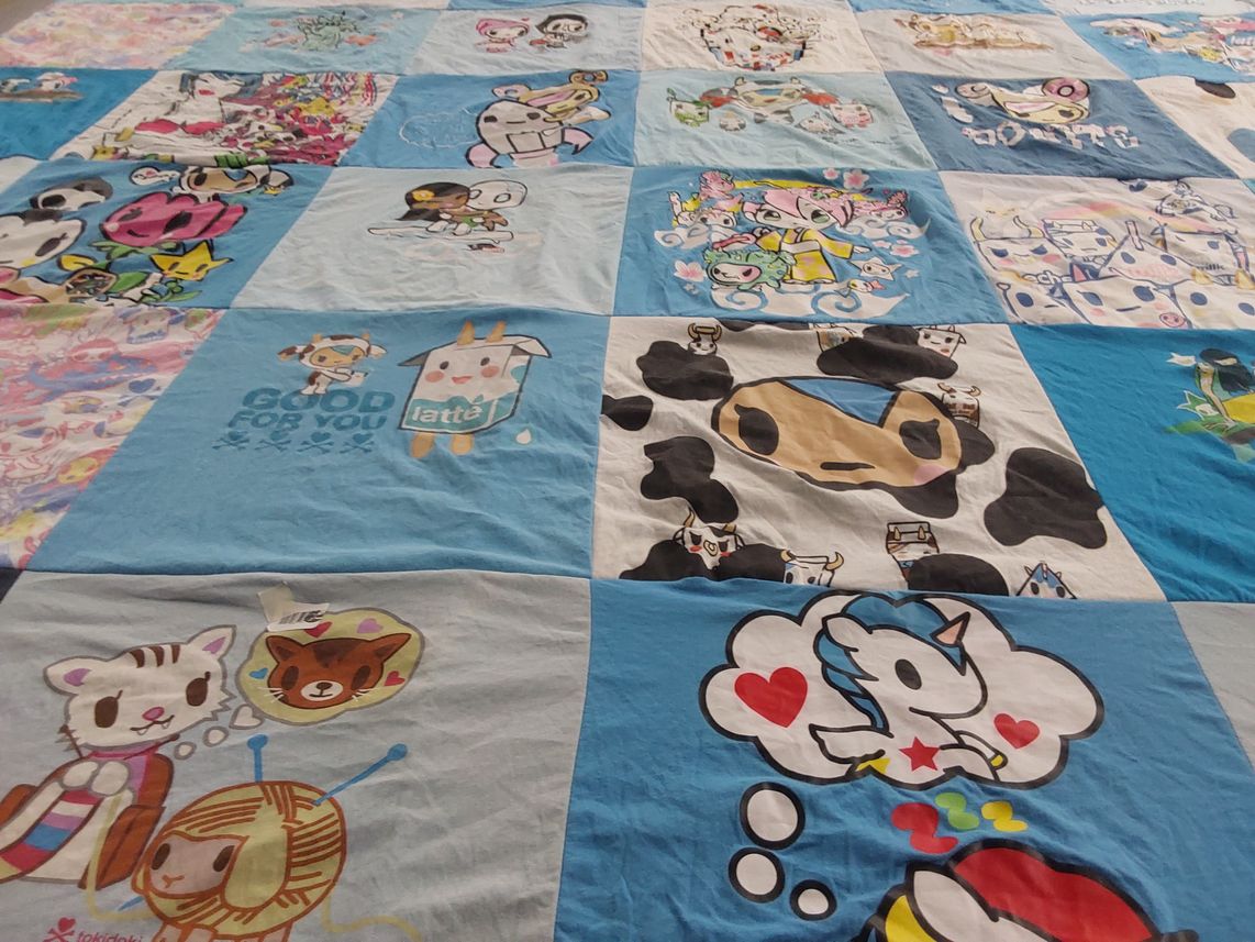 T-shirt quilt with cartoons, kawaii themes by Christen from HI