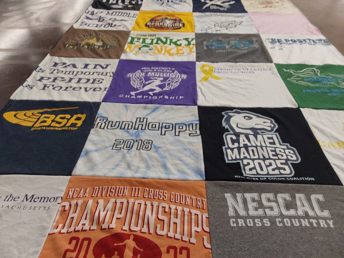 T-shirt quilt from conn college cross country, camel college by Caitlin from MA