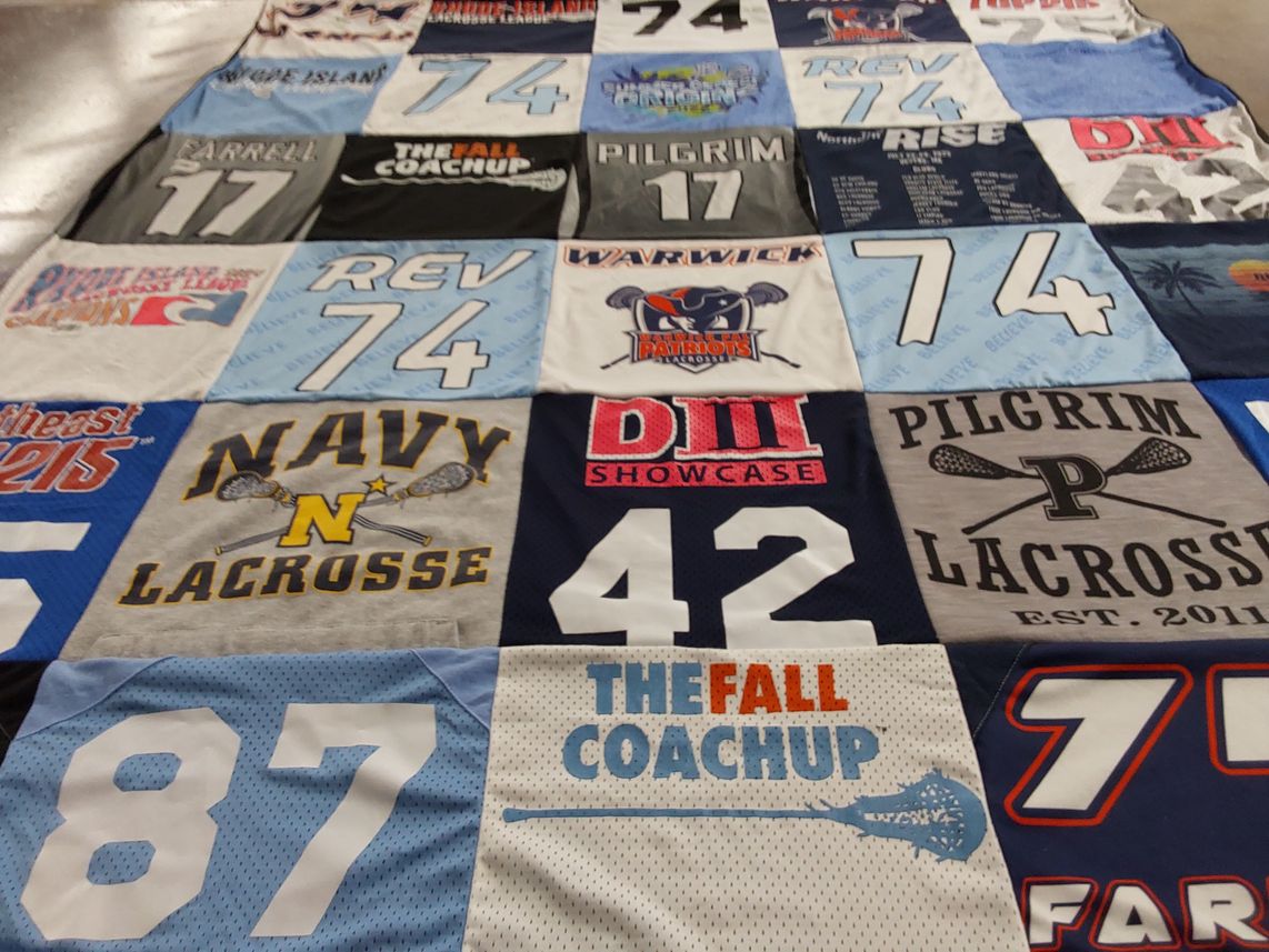 T-shirt quilt from naval academy, pilgrim high school by Melissa from RI