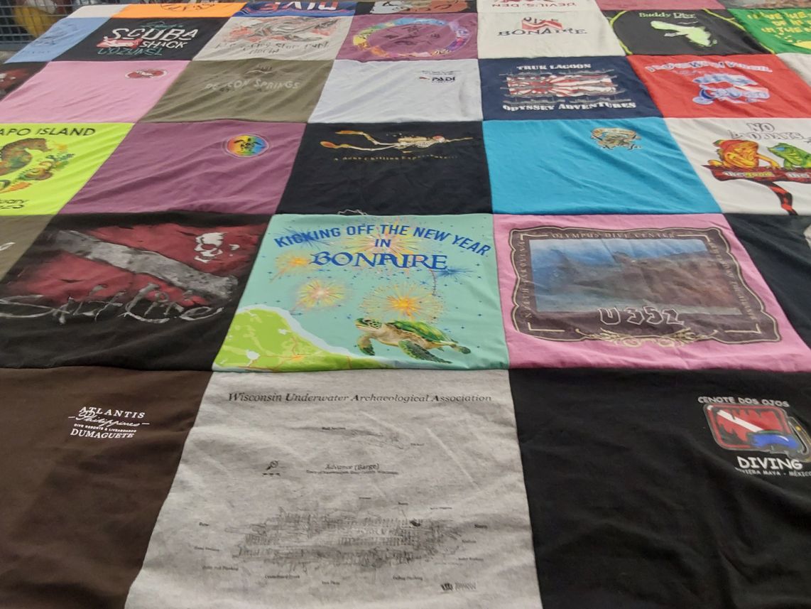 T-shirt quilt with scuba diving, travel themes by Letitia from WI