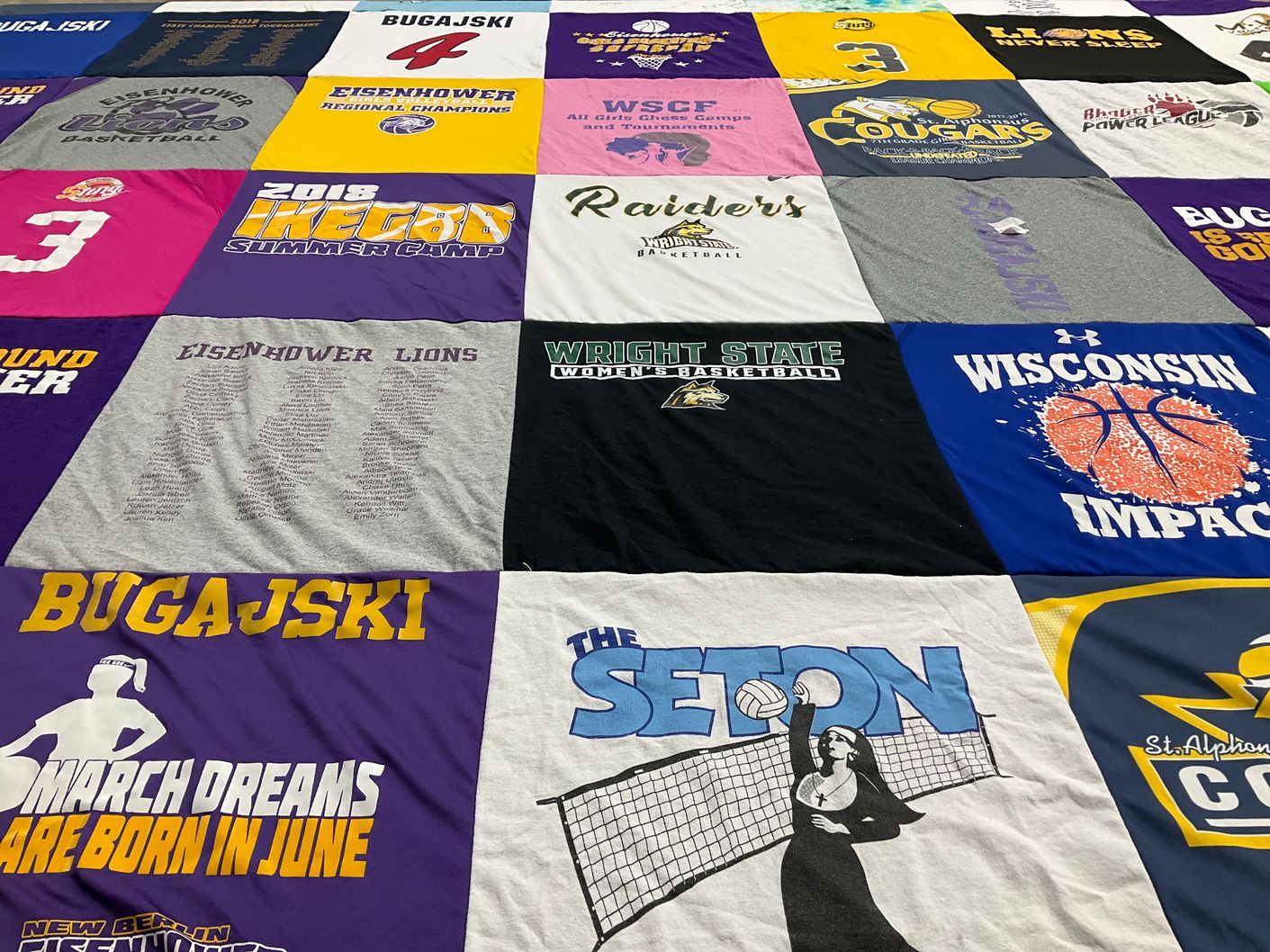 T-shirt quilt featuring eisenhower lions, wright state raiders by Michelle from WI