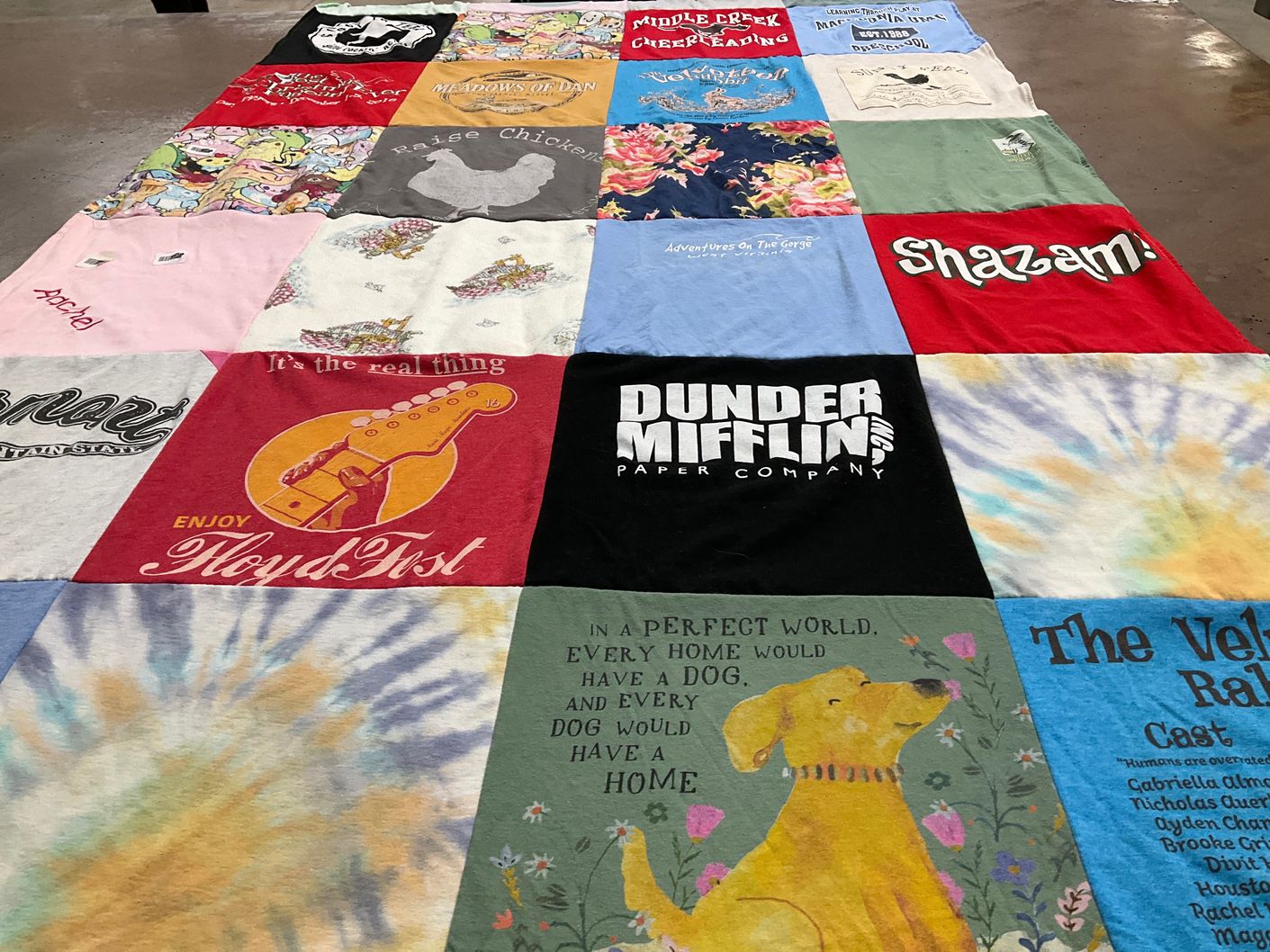 T-shirt quilt with music, dogs themes by Betsy from NC