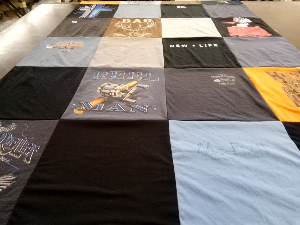 T-shirt quilt with fishing, crafting themes by Barbara from AZ