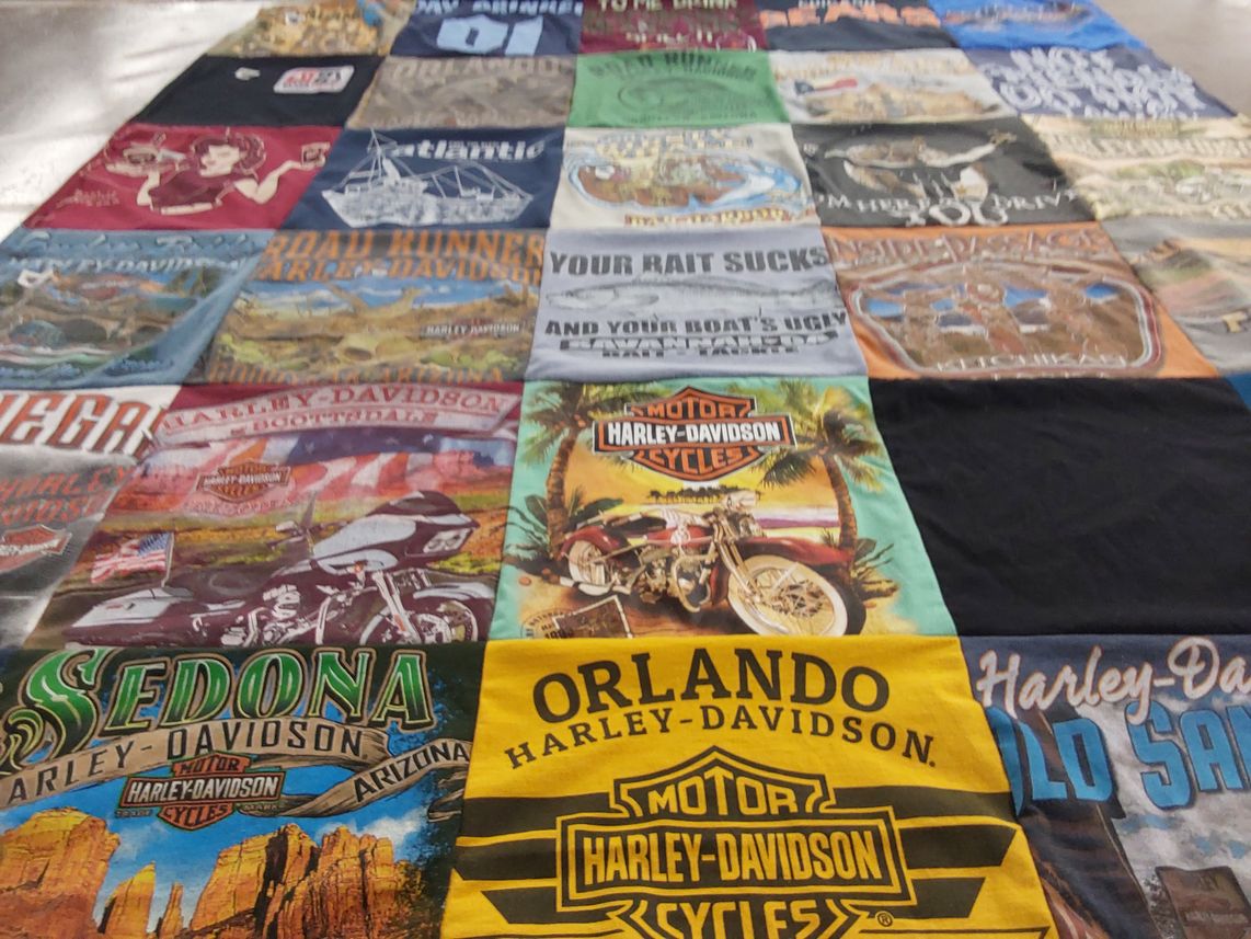 T-shirt quilt with motorcycles, travel themes by Theresa from OH