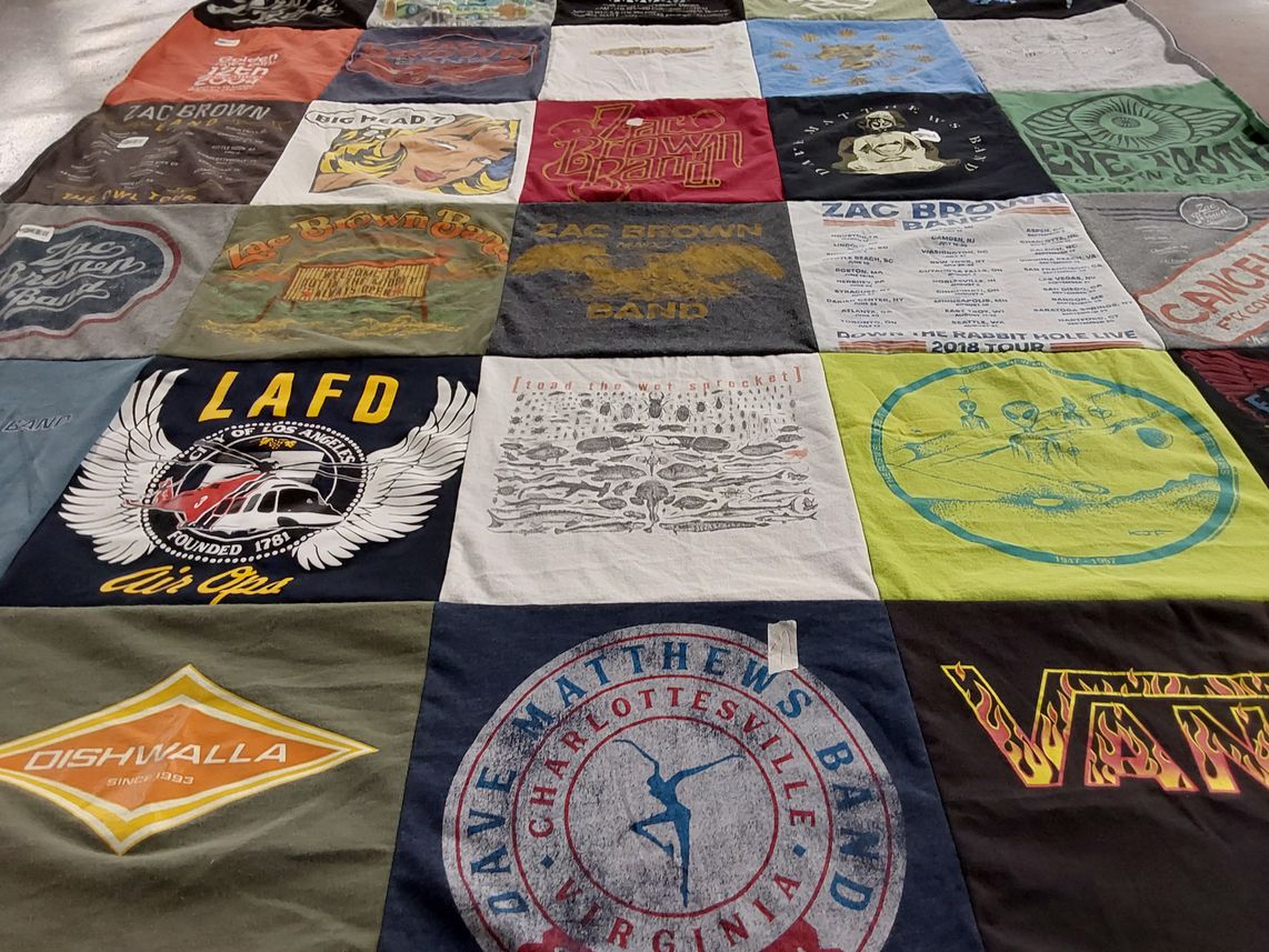 T-shirt quilt with music, bands themes by Lindsay from CA